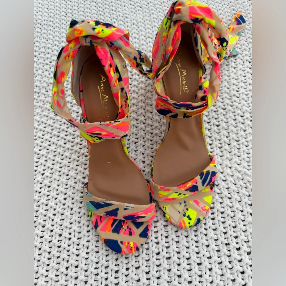 Anne Michelle Vibrant Neon Patterned Wrap Up Ankle Heels Size 8 NEW - Picture 3 of 7